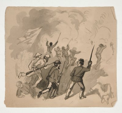 Scena di battaglia della Guerra Civile (recto); Illustrazione non identificata di un uomo in una foresta (verso) da Edwin Austin Abbey