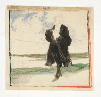 Uomo con mantello nel paesaggio - illustrazione non identificata da Edwin Austin Abbey