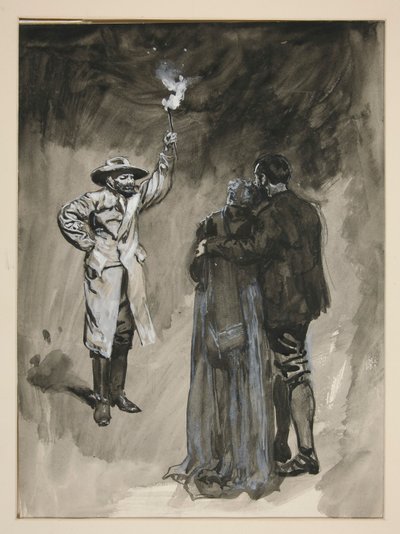 Coppia affrontata in strada da un uomo con una torcia - illustrazione non identificata da Edwin Austin Abbey