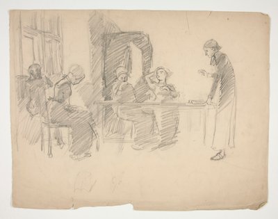 Studio iniziale per Stony Ground 1884, interno con figure da Edwin Austin Abbey