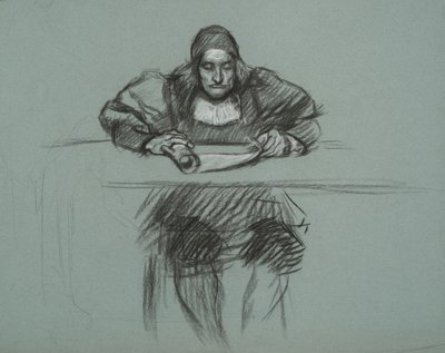 Figura per il processo della regina Katherine. impiegato alla scrivania da Edwin Austin Abbey