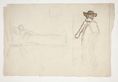 Figura a letto, uomo che entra nella stanza - illustrazione non identificata da Edwin Austin Abbey