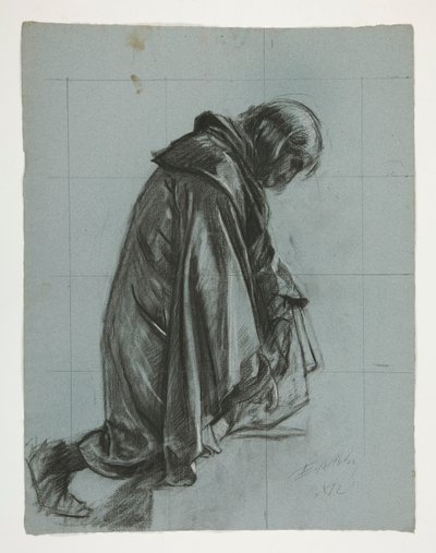 Studio di figura per Sir Lancillotto e Sir Bors che equipaggiano Galahad con i suoi speroni, da La ricerca del Santo Graal da Edwin Austin Abbey