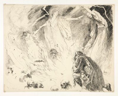 Prima apparizione: Macbeth! Macbeth! Macbeth! attento a Macduff., Atto IV, Scena 1, Macbeth da Edwin Austin Abbey