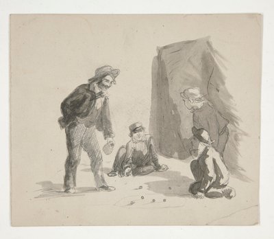 Quattro ragazzi che giocano a biglie (recto); Illustrazione non identificata di ragazzo al cavalletto in interni (verso) da Edwin Austin Abbey