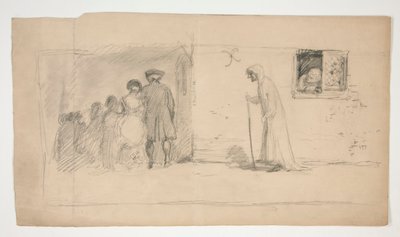 Gruppo di figure fuori da una casa di pietra - illustrazione non identificata da Edwin Austin Abbey