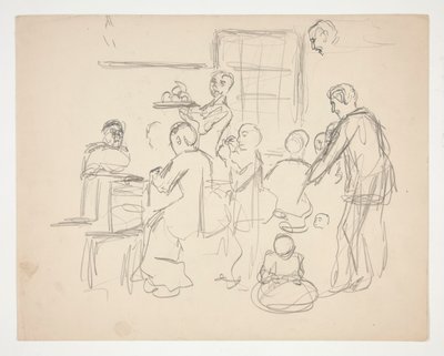 Scena di ristorante interno(?) - illustrazione non identificata da Edwin Austin Abbey
