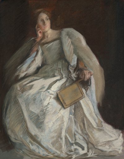 Signora in bianco seduta. Mano destra al mento. Tenendo un ventaglio. da Edwin Austin Abbey