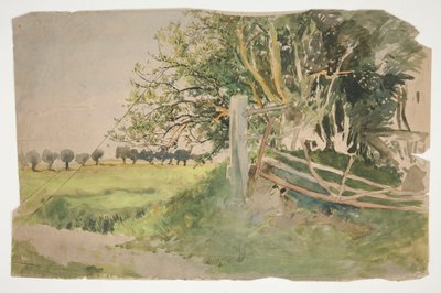 Paesaggio con alberi e recinto rotto da Edwin Austin Abbey