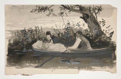 Uomo e donna in barca a remi, vicino alla riva del fiume - illustrazione non identificata da Edwin Austin Abbey