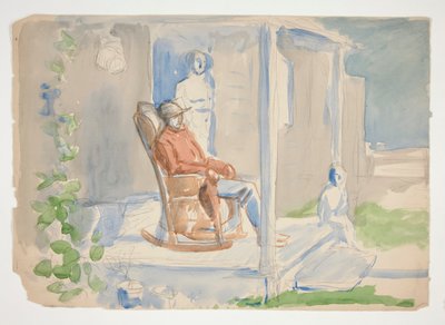 Uomo su sedia a dondolo sul portico con sua moglie e figlio - illustrazione non identificata da Edwin Austin Abbey