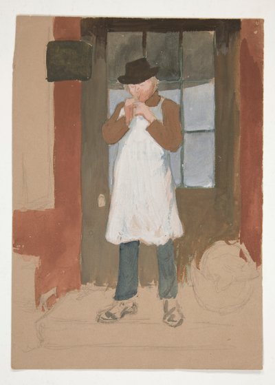 Uomo che accende una pipa sulla porta - illustrazione non identificata da Edwin Austin Abbey
