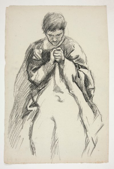 Figura in vesti, in preghiera: studio per la serie di murali La Ricerca del Santo Graal alla Biblioteca Pubblica di Boston da Edwin Austin Abbey