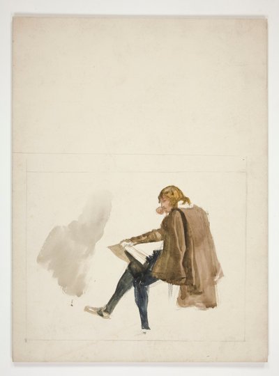 Giovane seduto con mantello marrone, che legge - illustrazione non identificata da Edwin Austin Abbey