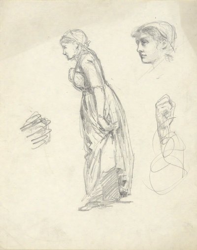 Foglio di studi: donna, testa e mani da Edwin Austin Abbey
