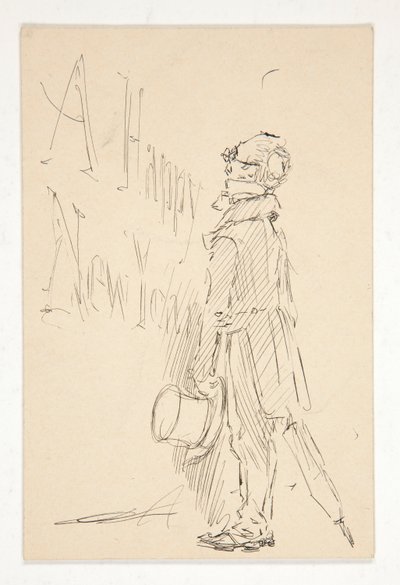 Schizzo per un biglietto di auguri: Buon anno; studio di un uomo che legge un cartello da Edwin Austin Abbey