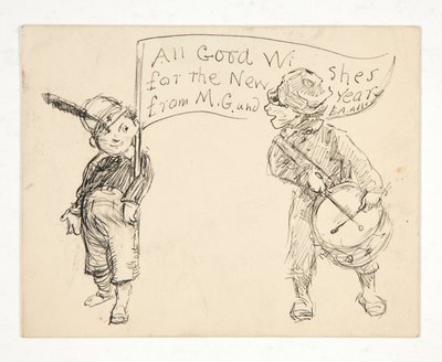 Schizzo per un biglietto di auguri: Tutti i migliori auguri per il nuovo anno da M.G. e E.A. Abbey da Edwin Austin Abbey