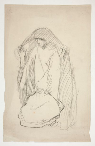 Schizzo di una figura femminile incappucciata in preghiera per Tre Marie alla Croce da Edwin Austin Abbey