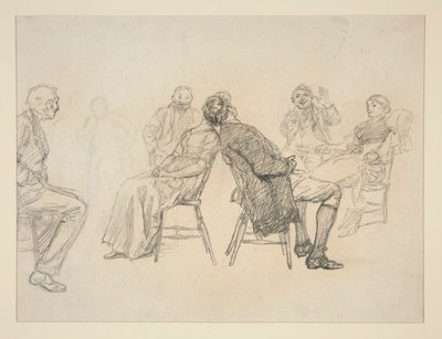 Schizzo di una coppia che gioca, circondata da spettatori, in un interno (?) - illustrazione non identificata da Edwin Austin Abbey