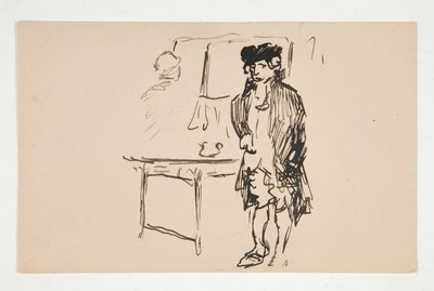 Schizzo di un uomo in abito rivoluzionario accanto a un tavolo da Edwin Austin Abbey