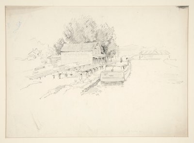 Schizzo di un molo, con barca da pesca e negozio sul molo da Edwin Austin Abbey