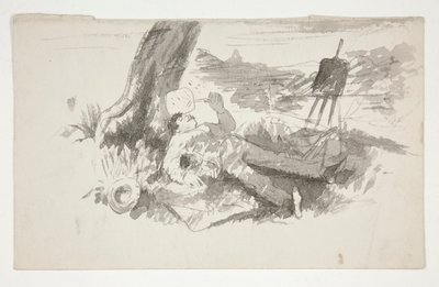 Schizzo di un pittore en plein air che fa un pisolino sotto un albero - illustrazione non identificata da Edwin Austin Abbey