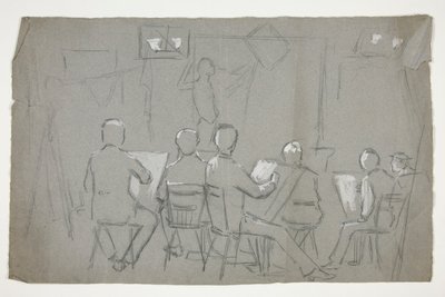 Schizzo di una stanza di studenti che disegnano un modello da Edwin Austin Abbey