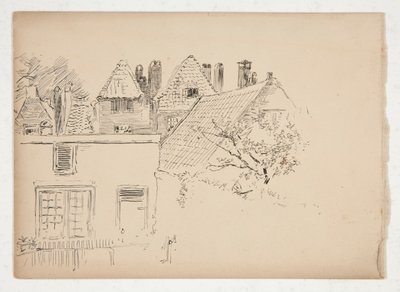 Schizzo di un esterno: edifici e albero da Edwin Austin Abbey