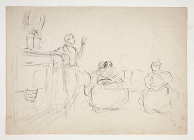 Schizzo di un interno: uomo che legge ad alta voce, donne che lavorano a maglia - illustrazione non identificata da Edwin Austin Abbey
