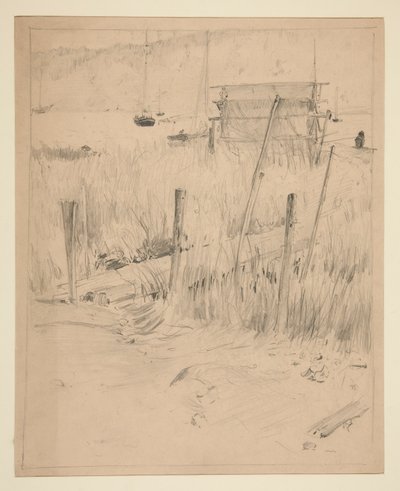 Schizzo di un vecchio molo, con erbacce che crescono intorno da Edwin Austin Abbey