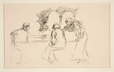 Schizzo di quattro uomini in abiti medievali a un tavolo - illustrazione non identificata, possibilmente per da Edwin Austin Abbey