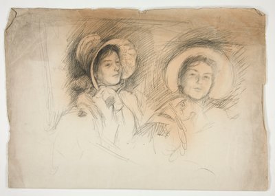 Schizzo di due giovani donne con cappelli (soggetti non identificati) da Edwin Austin Abbey