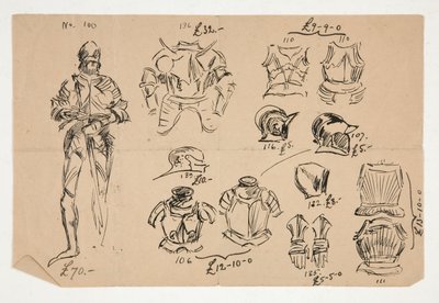 Schizzi di armature, con prezzi in sterline britanniche sotto ogni oggetto da Edwin Austin Abbey