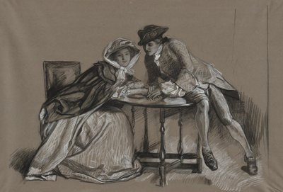 Studio. Signora e gentiluomo in conversazione attraverso un tavolo da Edwin Austin Abbey
