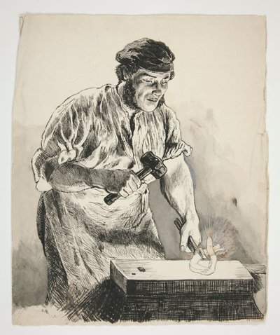 Studio di un fabbro, che martella il ferro - illustrazione non identificata da Edwin Austin Abbey