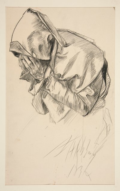 Studio di una figura in vesti, piangente, per la serie di murali La Ricerca del Santo Graal alla Biblioteca Pubblica di Boston da Edwin Austin Abbey