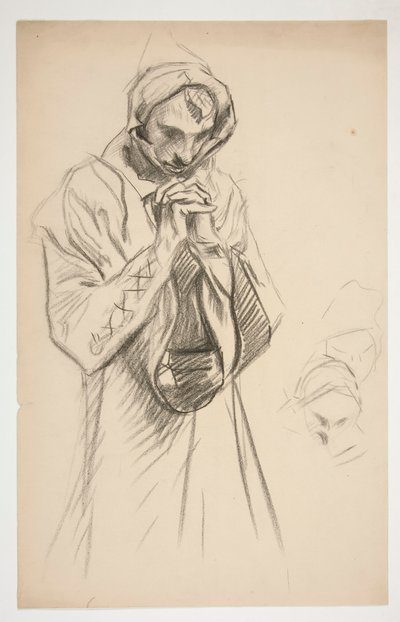 Studio di una figura in abito, in preghiera, per la serie murale La ricerca del Santo Graal alla Biblioteca Pubblica di Boston da Edwin Austin Abbey