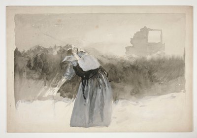Studio di una donna con cappellino, chinata - (illustrazione non identificata) da Edwin Austin Abbey
