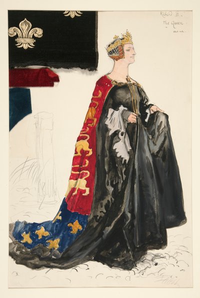 La Regina (in nero), bozzetto di costume per Henry Irving da Edwin Austin Abbey