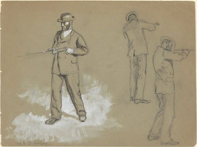 Tre schizzi di un uomo con un fucile (recto); Studi di figure e ritratto di A. S. Wina (?) (verso) da Edwin Austin Abbey