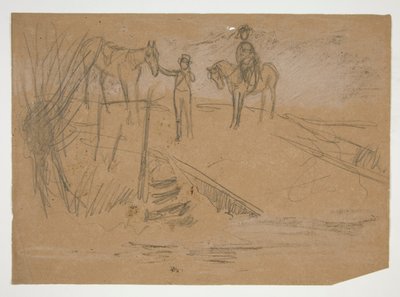 Due uomini e due cavalli in un paesaggio - illustrazione non identificata da Edwin Austin Abbey