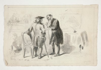 Due uomini che conversano in un interno - illustrazione non identificata da Edwin Austin Abbey