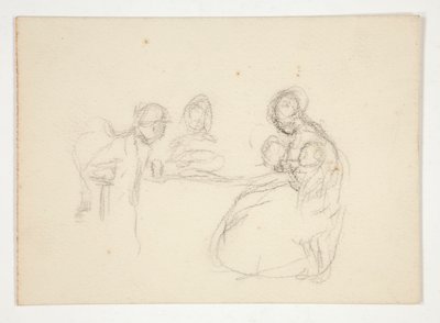 Illustrazione non identificata - Studio di figure a un tavolo. Uomo seduto sul retro. da Edwin Austin Abbey