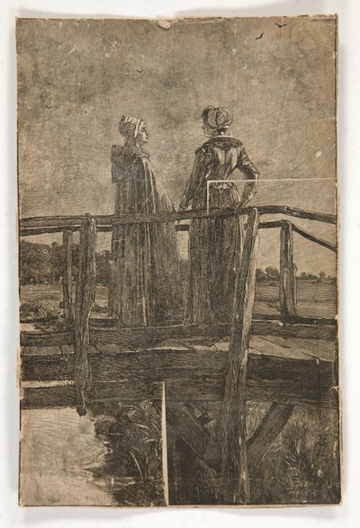 Incisione su legno senza titolo di E.A. Abbey (?) di due signore su un ponte di legno - illustrazione per William Black da Edwin Austin Abbey