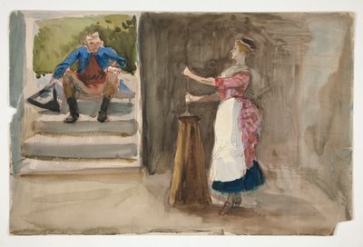 Donna che sbatte il burro, uomo in abito rivoluzionario che guarda - (illustrazione non identificata) da Edwin Austin Abbey