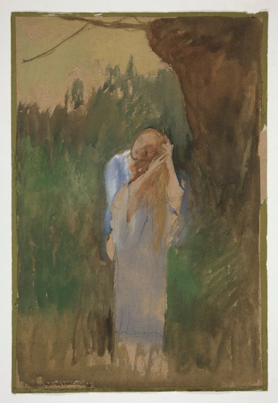 Donna nel paesaggio, che pettina i suoi lunghi capelli biondi - (illustrazione non identificata) da Edwin Austin Abbey