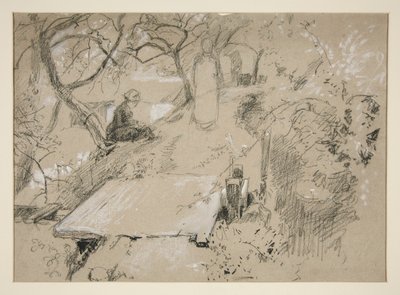 Donna seduta su una panchina in un giardino o parco pubblico - illustrazione non identificata da Edwin Austin Abbey