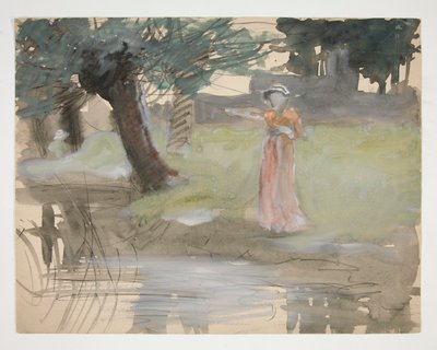 Donna in piedi vicino a una riva del fiume - illustrazione non identificata da Edwin Austin Abbey