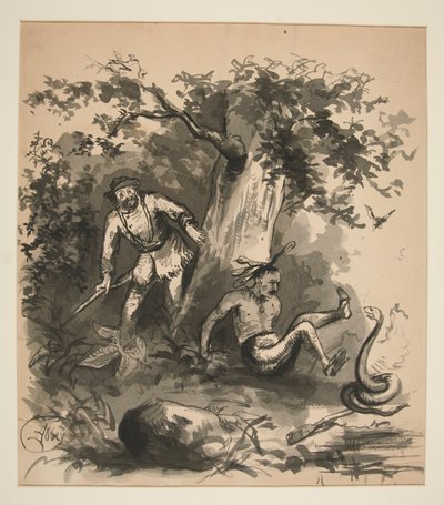 Scena boschiva di un cacciatore, un indiano e un serpente - illustrazione non identificata da Edwin Austin Abbey
