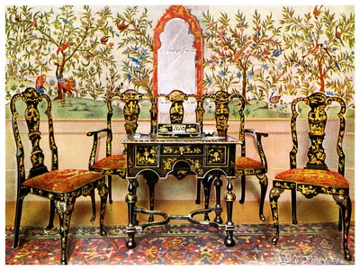 Divano laccato nero, sedie e tavolo e specchio laccato rosso, 1910 da Edwin Foley
